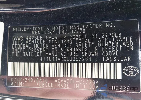 2020 Toyota Camry Se from USA, damaged, VIN 4T1G11AKXLU357261